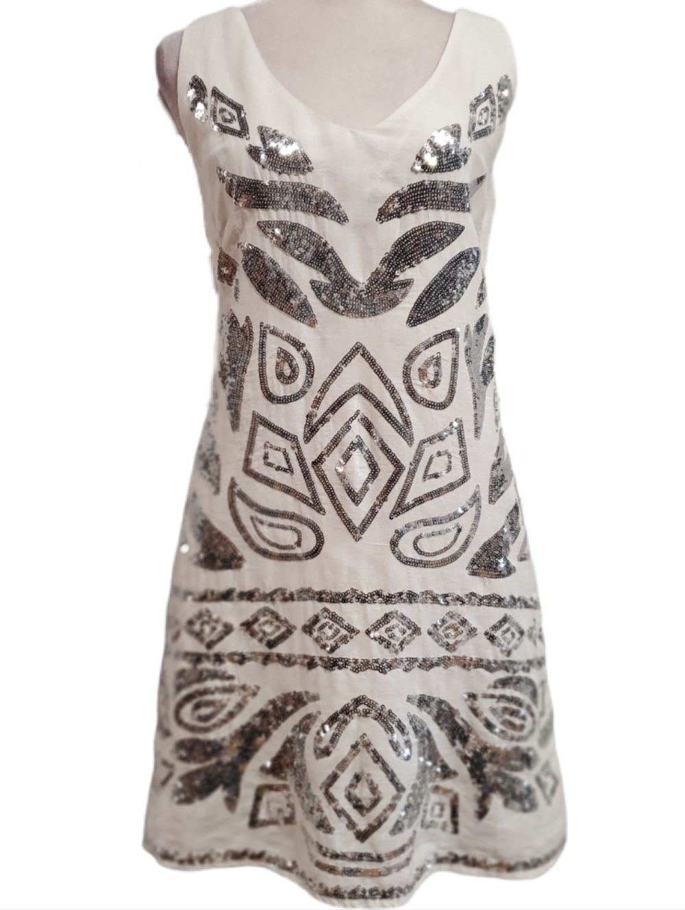 Boston Proper White cotton linen silver sequins sleeveless Shift Dress 4